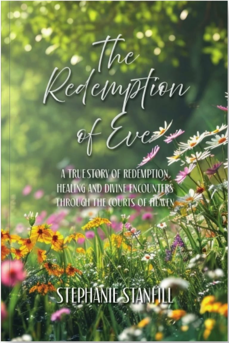 Book cover for The Redemption of Eve by Stephanie Stanfill, featuring colorful wildflowers and blurred green foliage background